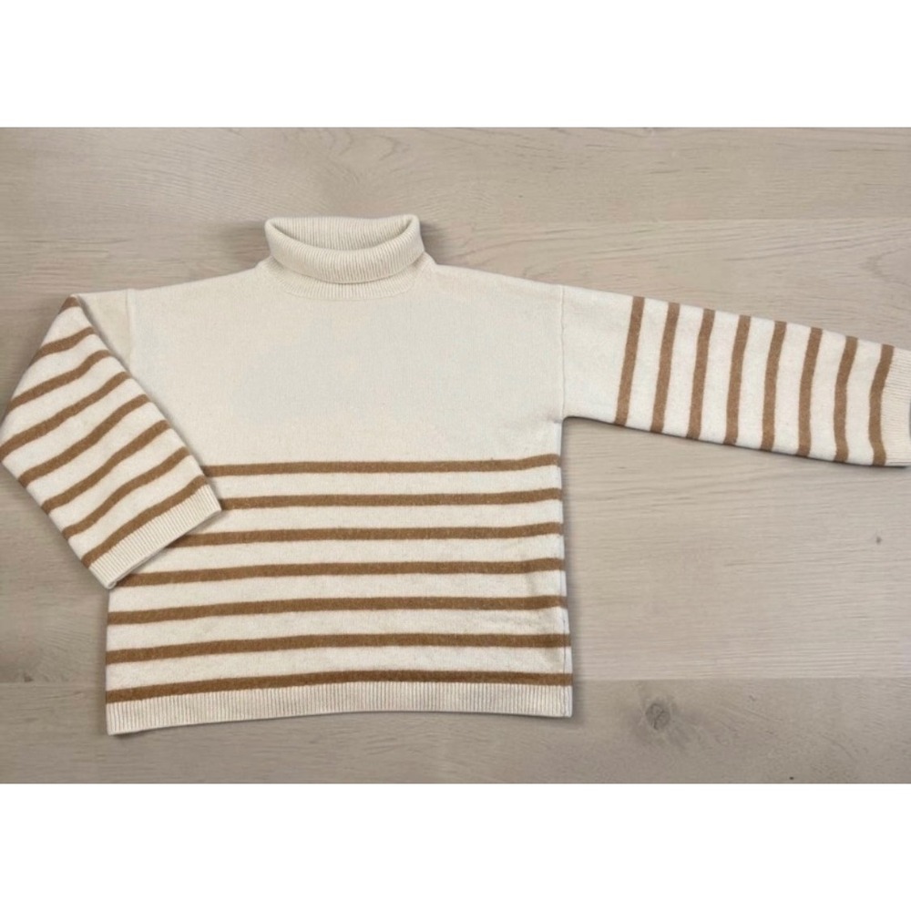 FRAME 'Breton' Striped Ivory & Camel Cashmere Turtleneck Crop Sweater Womens M